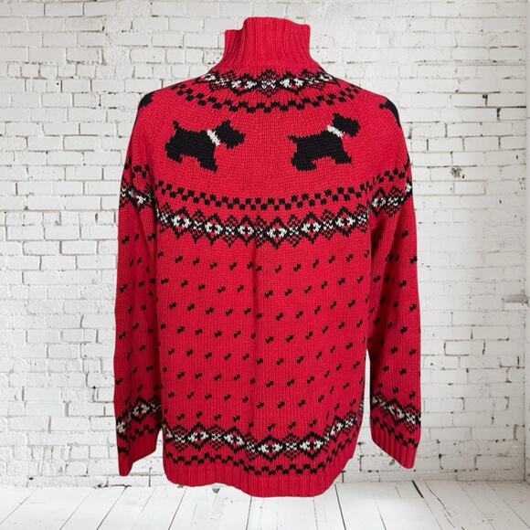 Vtg Coldwater Creek Scotty Dog Sweater Sz L Red Black Fair Isle Nordic 1/4" Zip - Picture 5 of 8